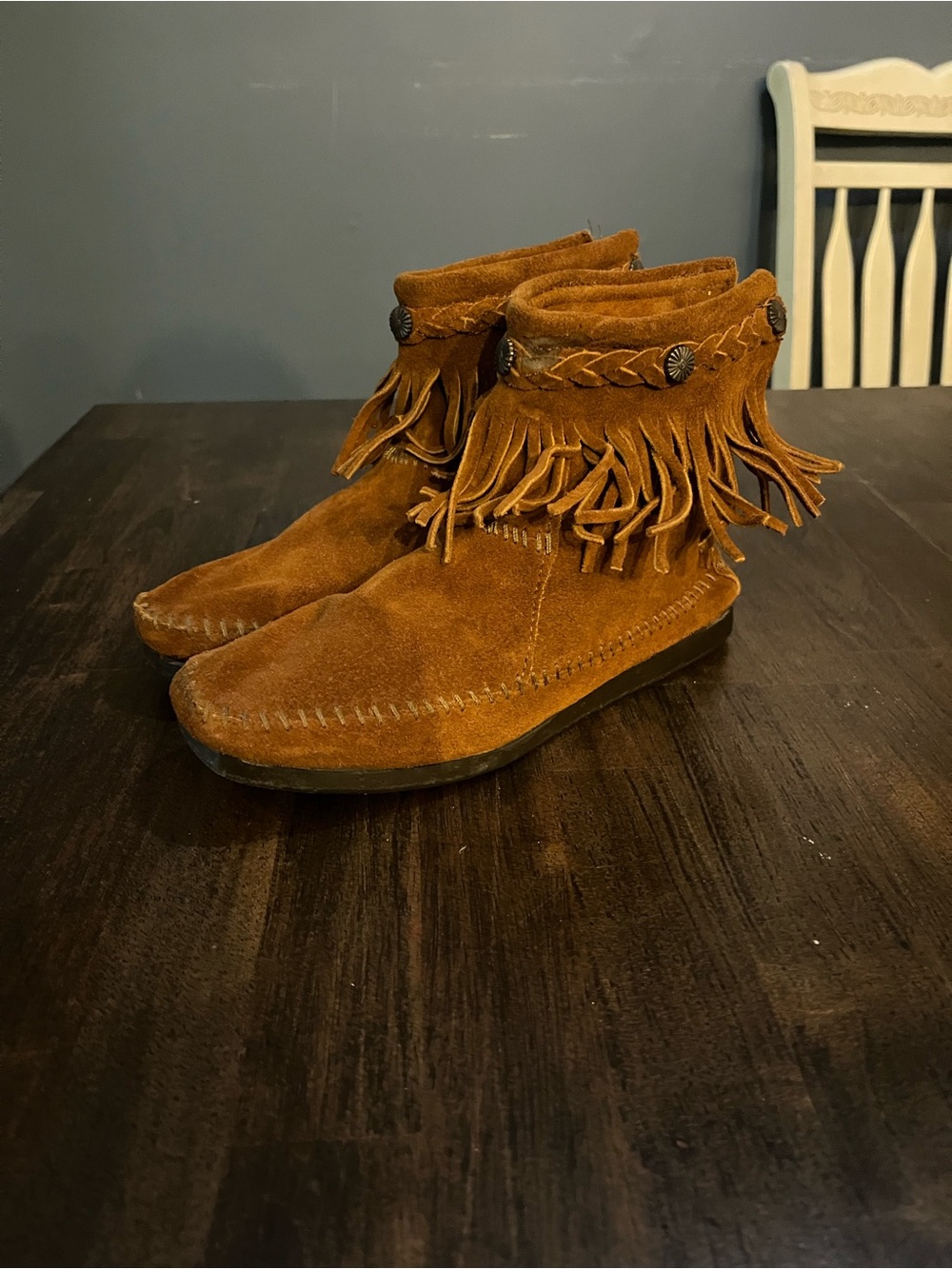 Minnetonka Moccasin Fringed Suede Ankle Boots in Brown - Women